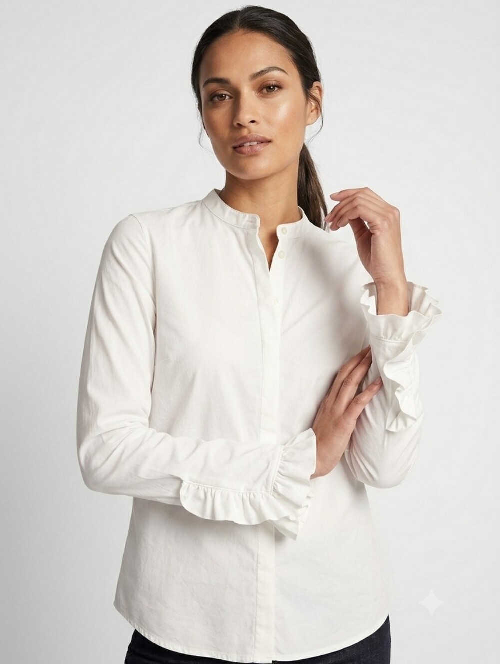 MOS MOSH White Ruffle Cuff Poplin Blouse | Mandarin Collar Moi